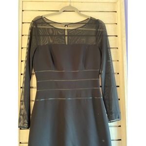 Talbots woman’s dress size 6 black satin trim sheer long sleeves sheath cocktail